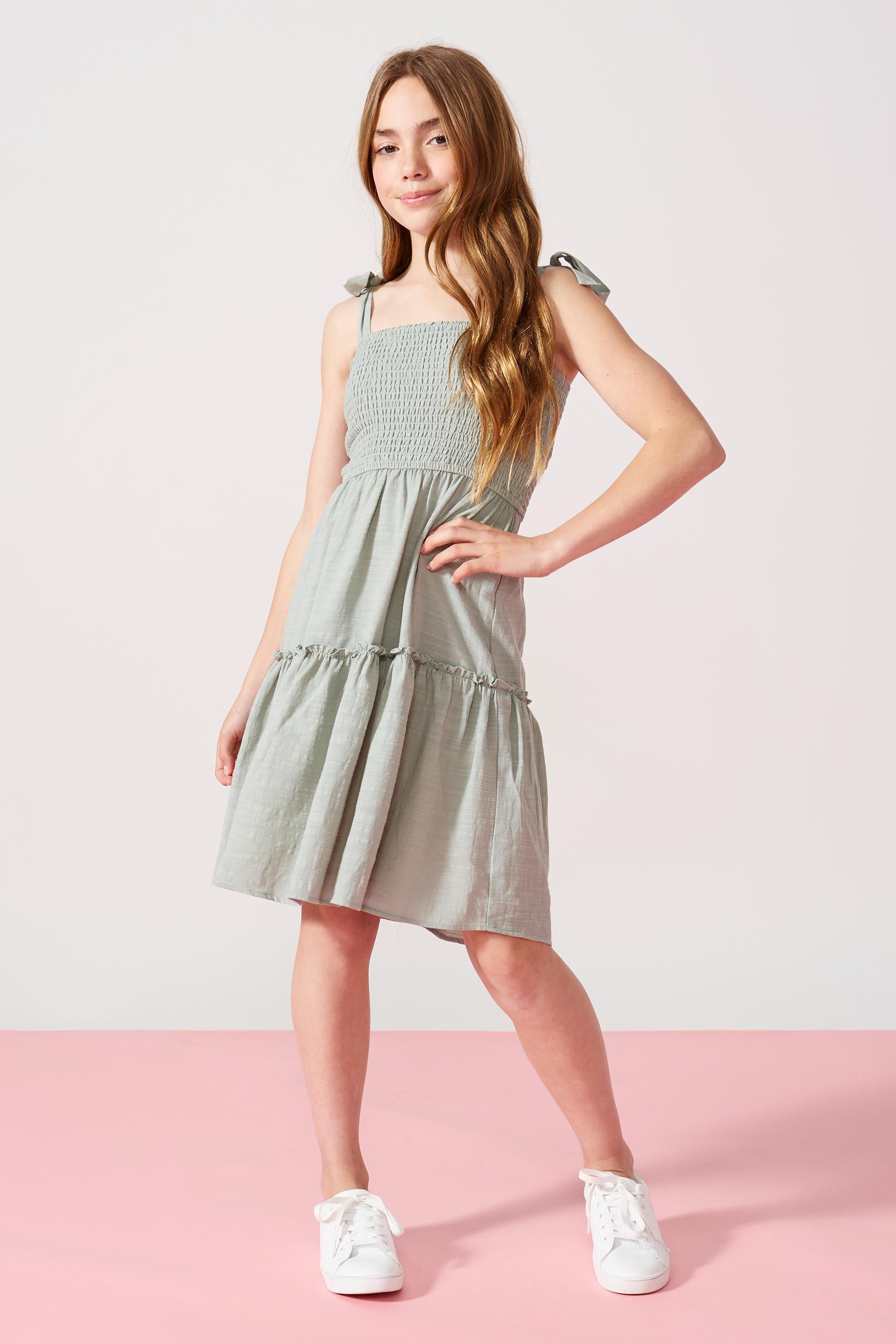 Girls Abbie Shirred Mini Dress — Sage ...
